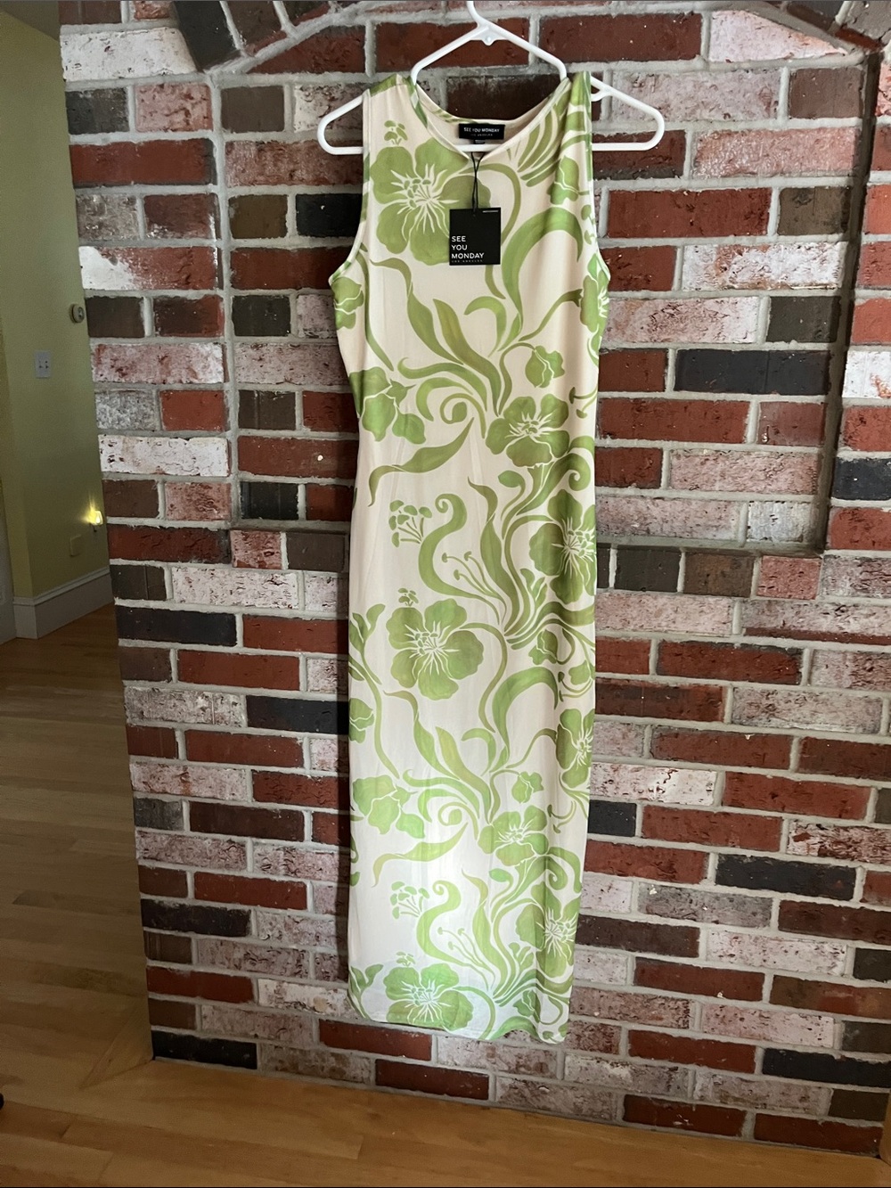 SEE YOU MONDAY Cream & Green Floral Mesh Maxi Dress L NWT